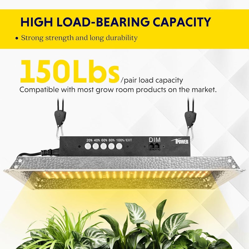 I-Power 1-Pair 1/8 Inch Adjustable Rope Hanger, Heavy Duty Grow Light Hangers with Reinforced Metal Gears, 8Ft Long & 150lbs Weight Capacity for Growing Lamp, Inline Fan, Filters - Image 2